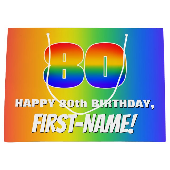 80th Birthday: Colourful, Fun Rainbow Pattern # 80 Large Gift Bag (Front)
