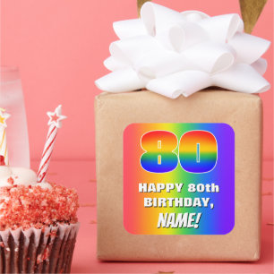 80th Birthday: Colourful, Fun Rainbow Pattern # 80 Square Sticker
