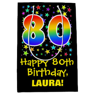 80th Birthday: Colourful Stars Pattern & Rainbow 8 Medium Gift Bag