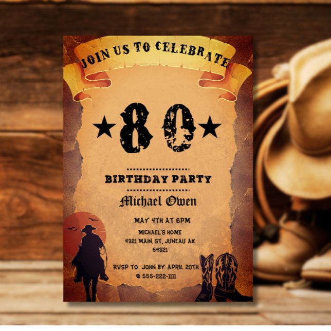 80th birthday cowboy old paper horse riding party invitation (Creator Uploaded)