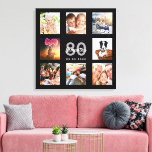 80th birthday custom photo collage black monogram canvas print