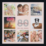 80th birthday custom photo collage rose gold name faux canvas print<br><div class="desc">A unique 80th birthday gift or keepsake, celebrating her life with a collage of 8 of your photos. Add images of her family, friends, pets, hobbies or dream travel destination. Personalise and add a name, age 80 and a date. Grey and dark rose gold coloured letters. A chic black background....</div>