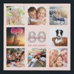 80th birthday custom photo collage rose gold name faux canvas print<br><div class="desc">A unique 80th birthday gift or keepsake, celebrating her life with a collage of 8 of your photos. Add images of her family, friends, pets, hobbies or dream travel destination. Personalise and add a name, age 80 and a date. Grey and dark rose gold coloured letters. A chic black background....</div>