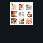 80th birthday custom photo collage white monogram canvas print<br><div class="desc">A unique 80th birthday gift or keepsake, celebrating her life with a collage of 8 of your photos. Add images of her family, friends, pets, hobbies or dream travel destination. Personalise and add a name, age 80 and a date. Grey and black coloured letters. A chic white background. This canvas...</div>
