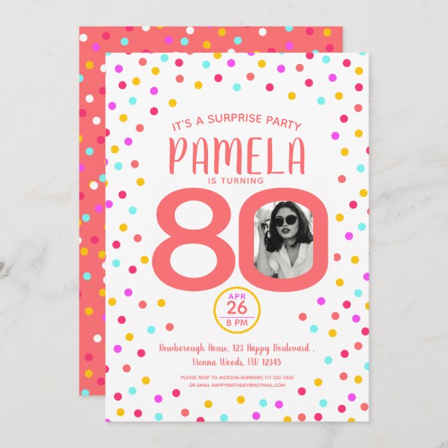 80th birthday custom photo living coral confetti invitation (Front/Back)