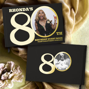 80th birthday custom two photos black gold guest book