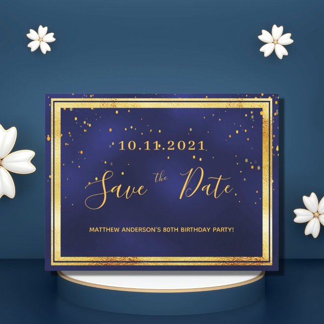 80th birthday dark blue gold save the date postcard (Creator Uploaded)