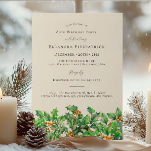 80th Birthday December Birth Month Flower Holly Invitation