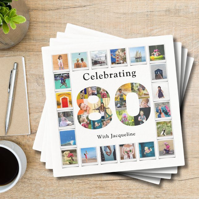 80th Birthday Design Your own Photo Collage Napkin (Personalized 80th birthday party napkin with custom family photo collage template.)