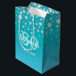 80th birthday diamonds glitter on teal blue green medium gift bag<br><div class="desc">An elegant and glamourous 80th birthday gift bag. Teal, blue green gradient coloured faux glitter with faux diamond sprinkle. Templates for a name, age 80 and a date. Date of birth or the date of the party/anniversary. White and teal coloured letters. The name is written with a hand-lettered style script....</div>