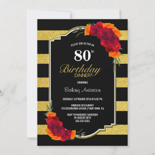 80th Birthday Dinner Gold Striped Red Floral Invitation