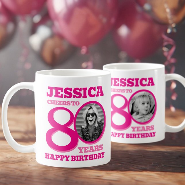 80th Birthday doubled sided photo name pink text Coffee Mug (Creator Uploaded)