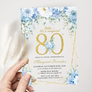 80th Birthday Dusty Blue Floral Gold Frame Chic Acrylic Invitations
