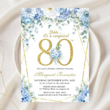 80th Birthday Dusty Blue Floral Gold Frame Chic