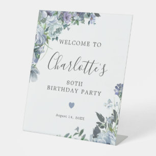 80th Birthday Dusty Blue Floral Welcome Pedestal Sign