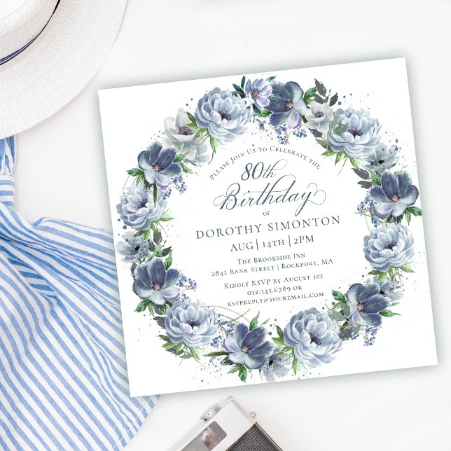 80th Birthday Dusty Blue Flower Wreath Invitation (Creator Uploaded)