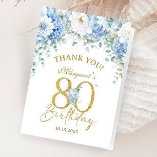 80th Birthday Dusty Blue Gold Folded Thank You Card