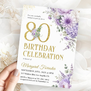 80th Birthday Dusty Purple Floral Gold Glitter Invitation