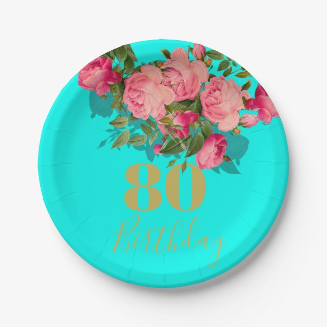 80th Birthday Eightieth Blue Gold Rose Elegant Paper Plate (Front)