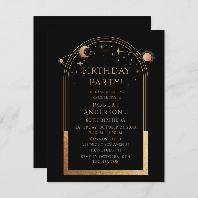 80th Birthday Eighty Celestial Black Gold Invitation (Front/Back)