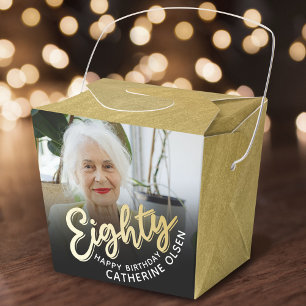 80th birthday Eighty script gold black photo  Favour Box