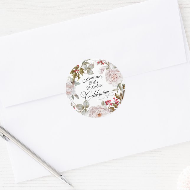 80th Birthday Elegant December Floral Classic Round Sticker (Creator Uploaded)