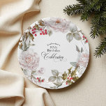 80th Birthday Elegant December Floral Paper Plate<br><div class="desc">A beautifully unique and elegant floral design to celebrate an 80th birthday in the month of December, this custom paper plate has a lovely floral wreath that includes pink roses, holly with red berries and greenery encircling the text. The look is feminine and classy. Personalise the text template with the...</div>