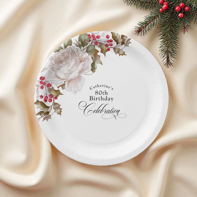 80th Birthday Elegant December Floral Paper Plate (Creator Uploaded)