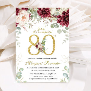 80th Birthday Elegant Floral Burgundy & Blush Pink Invitation