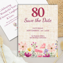 80th Birthday Elegant Floral Linen Save the Date