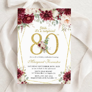 80th Birthday Elegant Gold Burgundy Blush Floral Invitation