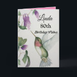 80th Birthday Elegant Hummingbird Watercolor Card<br><div class="desc">Celebrate her 80th birthday with an elegant hummingbird design on a charming greeting card. Created from my original waterpainting, the lovely little bird and flower image will brighten the day for birdwatchers, gardeners and nature lovers. The special woman in your life will love the pastel colours of cream, pink and...</div>