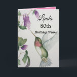 80th Birthday Elegant Hummingbird Watercolor Card<br><div class="desc">Celebrate her 80th birthday with an elegant hummingbird design on a charming greeting card. Created from my original waterpainting, the lovely little bird and flower image will brighten the day for birdwatchers, gardeners and nature lovers. The special woman in your life will love the pastel colours of cream, pink and...</div>