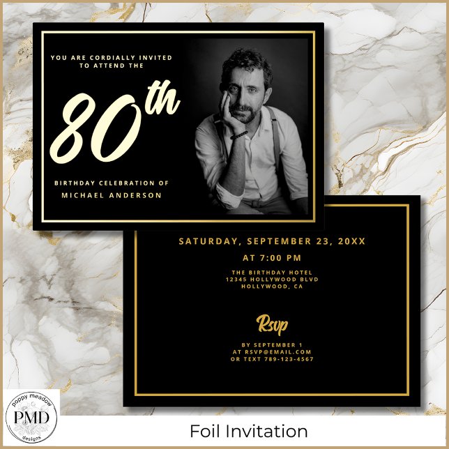 80th Birthday Elegant Photo Black Gold (80th Birthday Black and Gold Photo Invitation with Gold Foil, Party Details on the Back.)