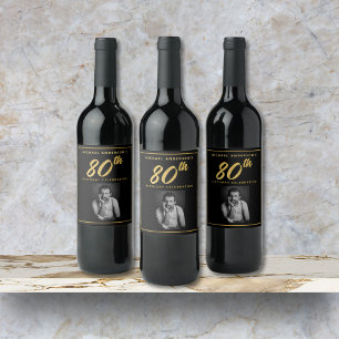 80th Birthday Elegant Photo Black Gold Wine Label