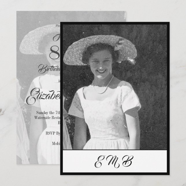 80th  Birthday Elegant Photo Black White  Monogram Invitation (Front/Back)
