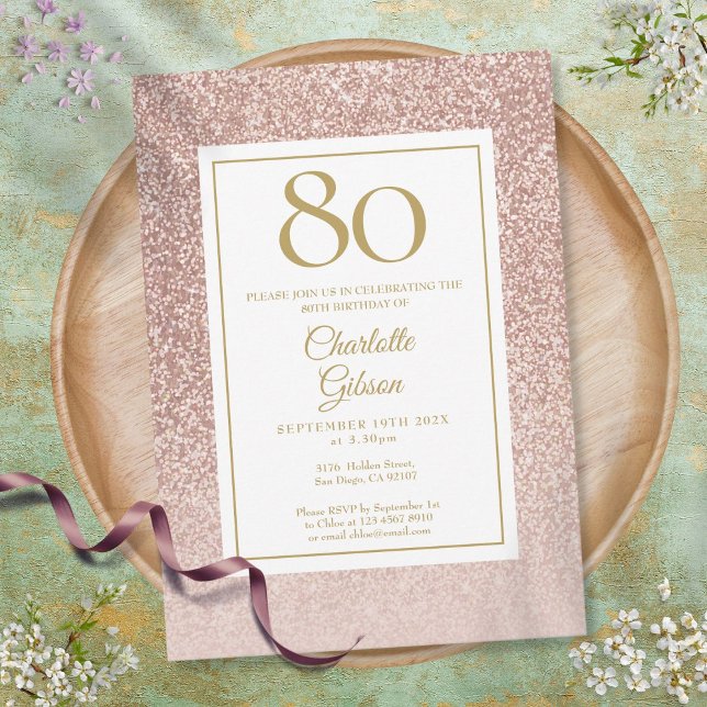 80th Birthday Elegant Rose Gold Glitter Invitation (Creator Uploaded)