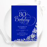 80th Birthday Elegant Royal Blue Silver Roses Invitation<br><div class="desc">Simple elegant 80th birthday party invitation in royal blue and silver. Classy design featuring roses, faux silver foil and typography script font. Trendy invite card perfect for a stylish female bday celebration. Personalise with your own details. Can be customised to any age. Printed Zazzle invitations or instant download digital printable...</div>