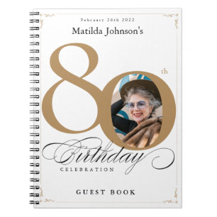 80th Birthday Elegant Script White Gold Guestbook Notebook