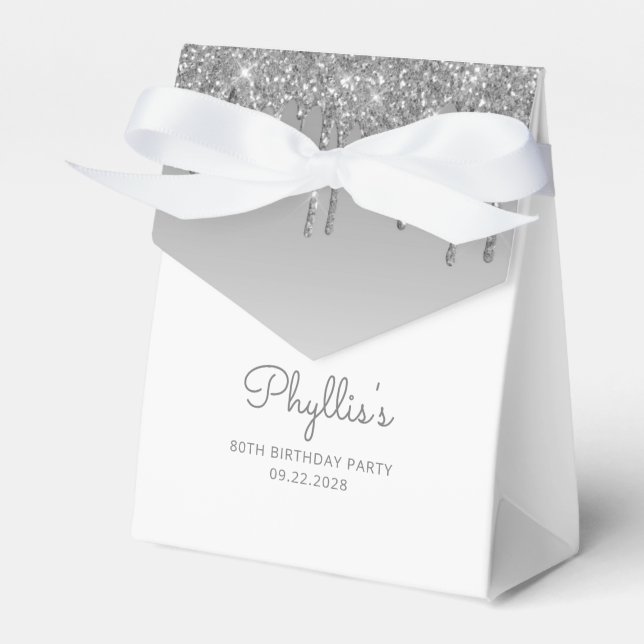 80th Birthday Elegant Silver Glitter Drip Script Favour Box (Front Side)
