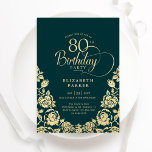 80th Birthday Emerald Green Gold Roses Invitation<br><div class="desc">Emerald green gold elegant 80th birthday party invitation. Classy design featuring roses,  faux gold foil and typography script font. Trendy invite card perfect for a stylish female bday celebration. Personalise with your own details. Can be customised to any age. Printed Zazzle invitations or instant download digital printable template.</div>
