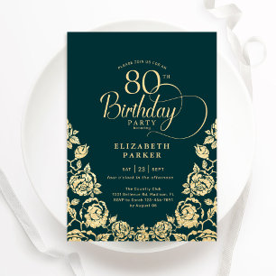 80th Birthday Emerald Green Gold Roses Invitation