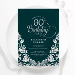 80th Birthday Emerald Green Silver Roses Invitation<br><div class="desc">Emerald green silver elegant 80th birthday party invitation. Classy design featuring roses,  faux silver foil and typography script font. Trendy invite card perfect for a stylish female bday celebration. Personalise with your own details. Can be customised to any age. Printed Zazzle invitations or instant download digital printable template.</div>