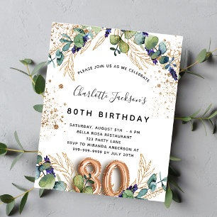 80th birthday eucalyptus budget invitation flyer