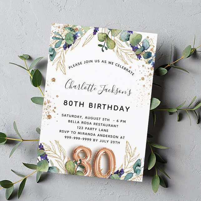 80th birthday eucalyptus greenery glitter elegant invitation (Creator Uploaded)