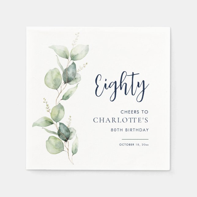 80th Birthday Eucalyptus Paper Napkin (Front)