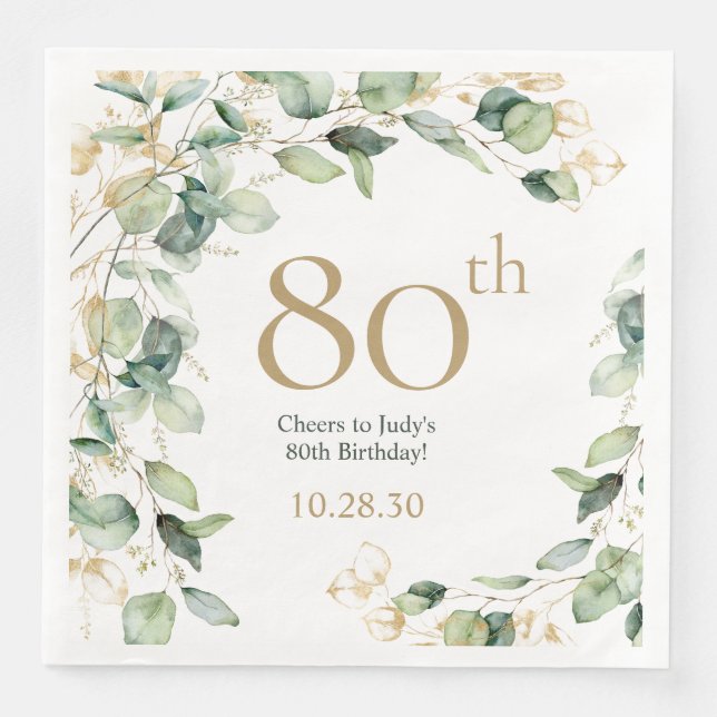 80th Birthday Eucalyptus Paper Napkin (Front)