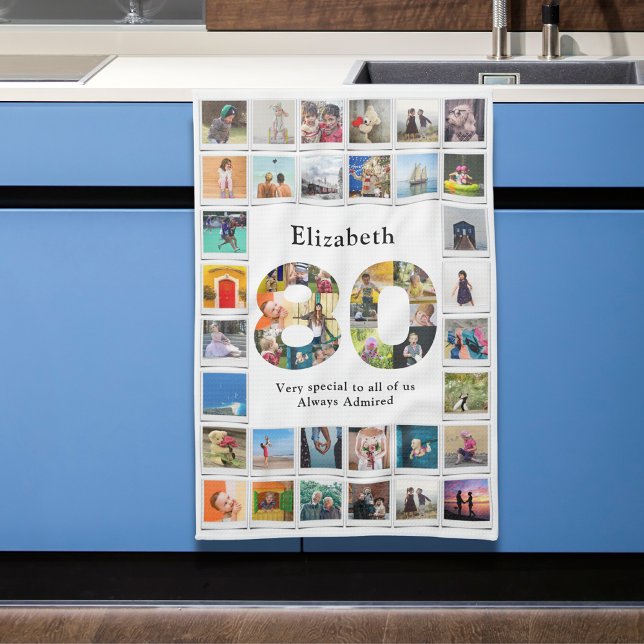 80th Birthday Family Photo Collage Template Tea Towel (Personalized 80th birthday kitchen towel with family photo collage template.)