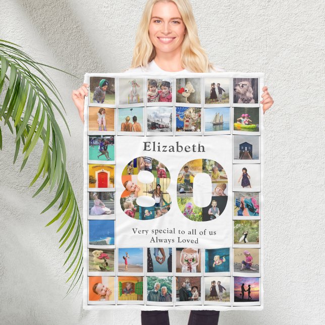 80th Birthday Family Photo Template Fleece Blanket (Personalized 80th birthday white fleece blanket with family photo collage template.)