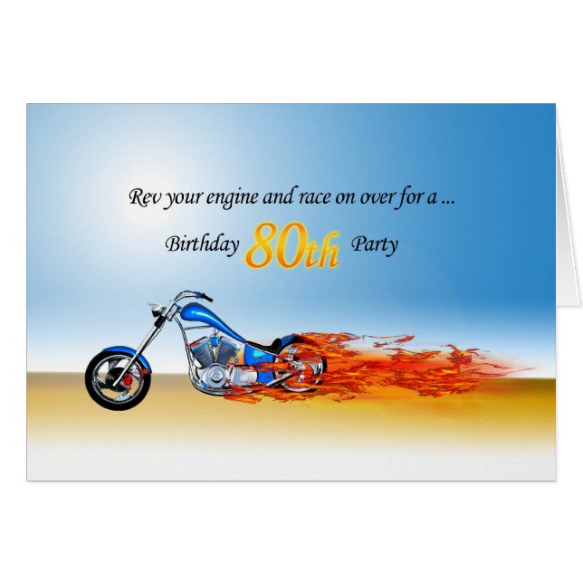 80th Birthday Flaming Motorcycle Party Invitation (Front Horizontal)
